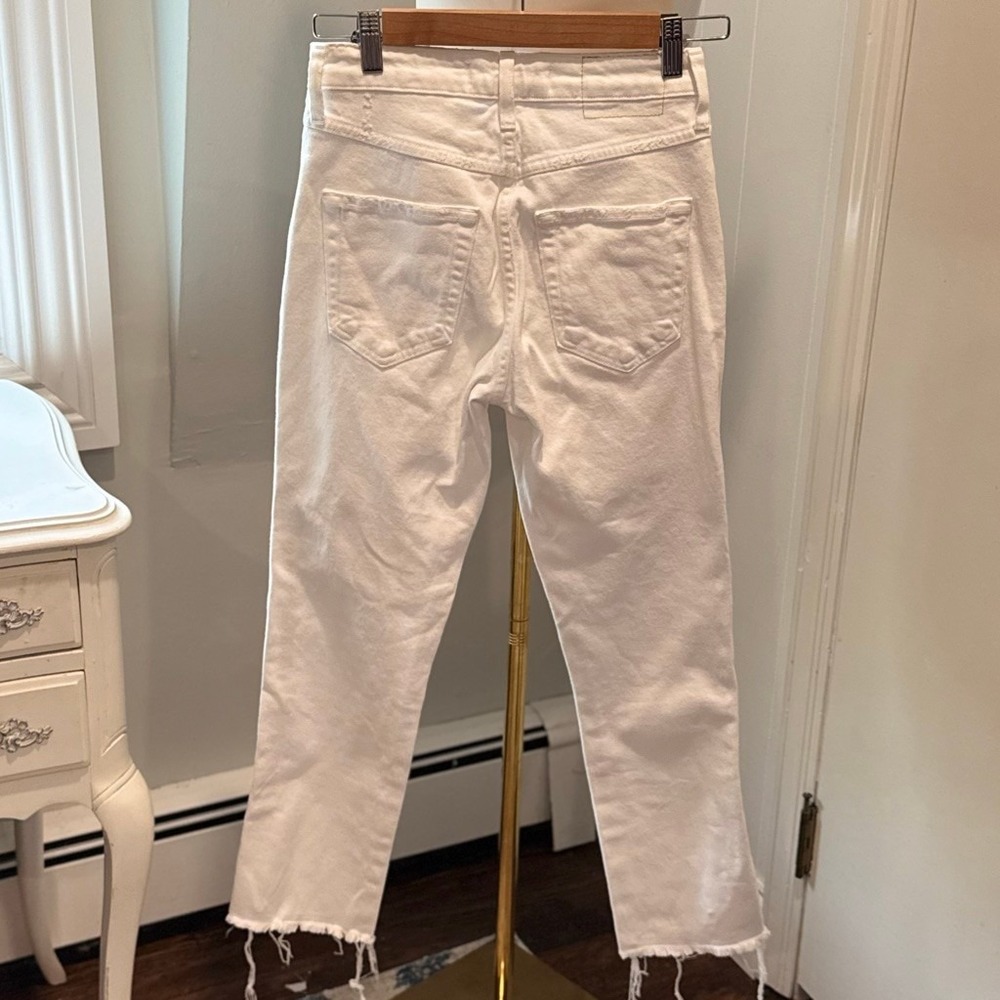 AMO Denim 2010s Sea Salt White Straight Crop Jeans Button Fly & Raw Hem Size 25 - Picture 4 of 15